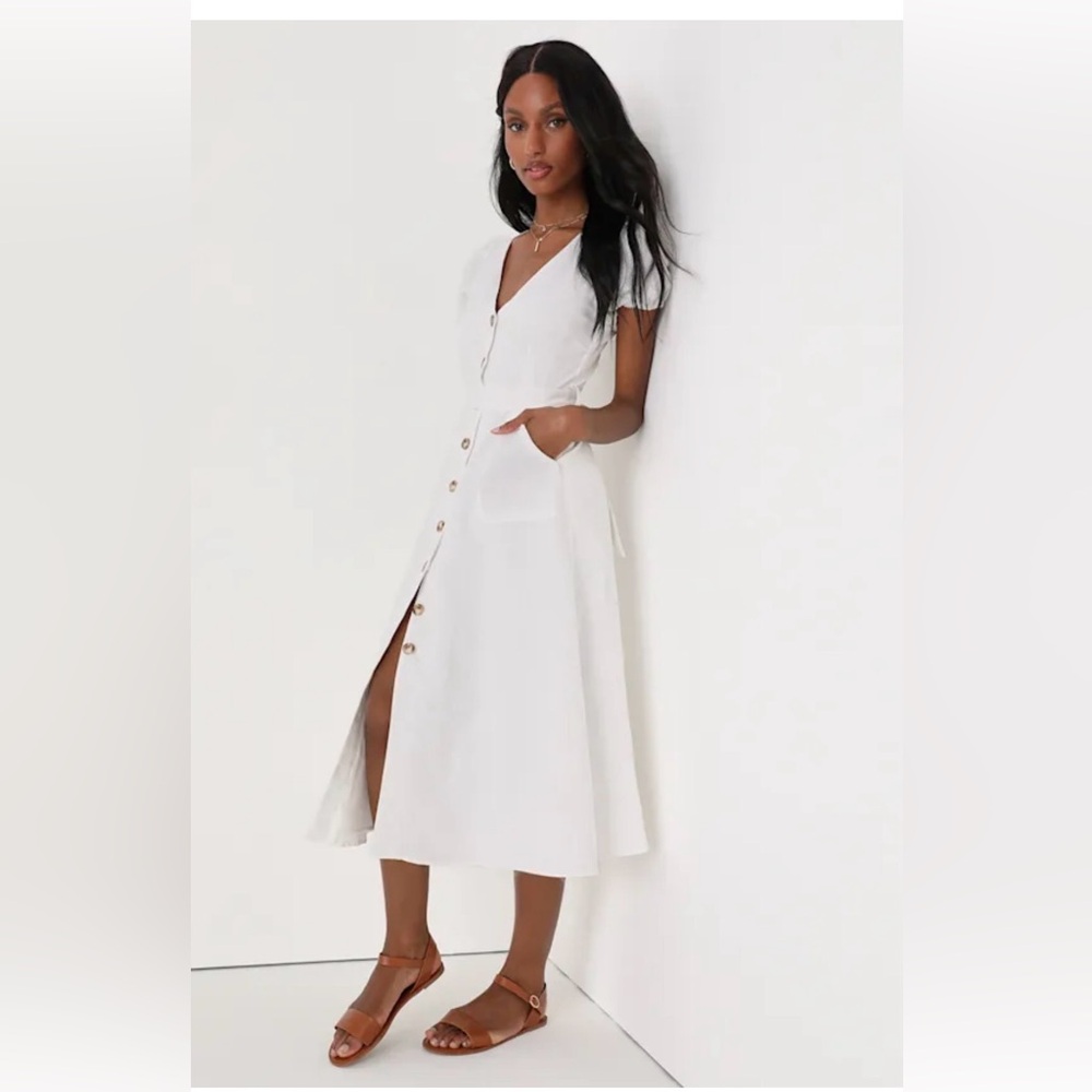 Lulus Sicily Sweetheart White Button-Front Puff Sleeve Midi Dress